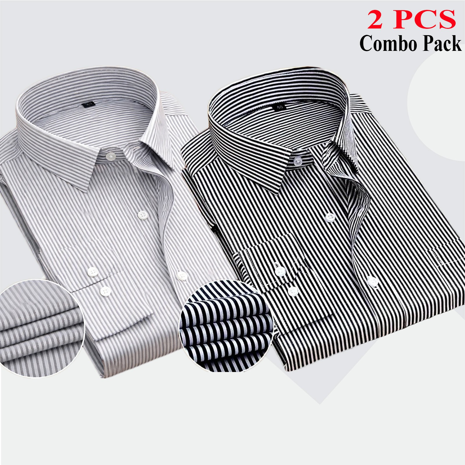 2 Pes Combo Premium Quality Formal Shirt - Black Stripe & Ash Stripe.